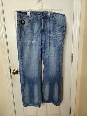 Pelle Pelle Baggy Mens 43x34 Blue Jeans Y2k Vintage Hip Hop Leather 90s